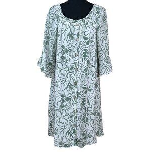 Naif Green White Rayon Gathered Neckline Bell Sleeve Sheath Dress Size L
